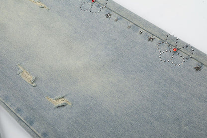 Washed Paint Studs Detail Wide Leg Denim Jeans WN25418