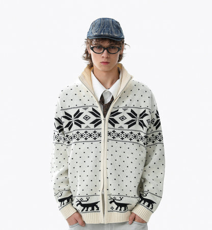 Snowflake Zipper Stand Neck Knit Sweater WN22102