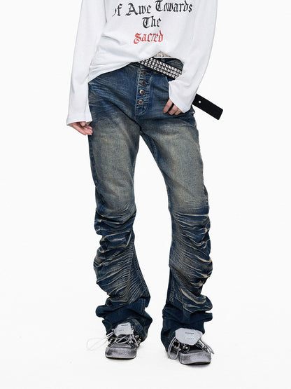 Whisker Washed Curved Seam Denim Jeans WN27311