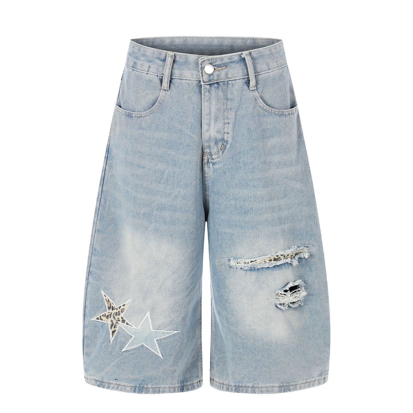 Star Patch Embroidery Curved Denim Half Pants WN25717
