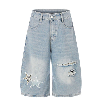 Star Patch Embroidery Curved Denim Half Pants WN25717