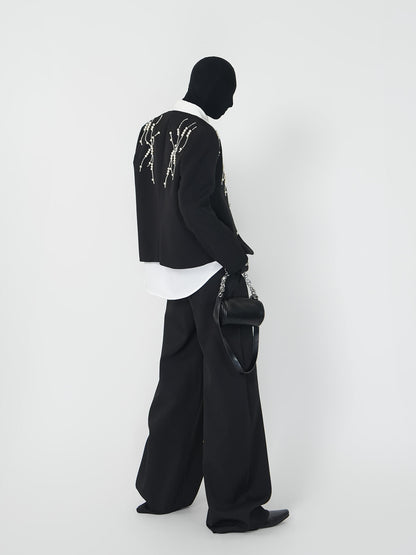 Shoulder-Pad Short Tailored Jacket & Pointed Collar Long Sleeve Shirt & Trousers Setup WN24147