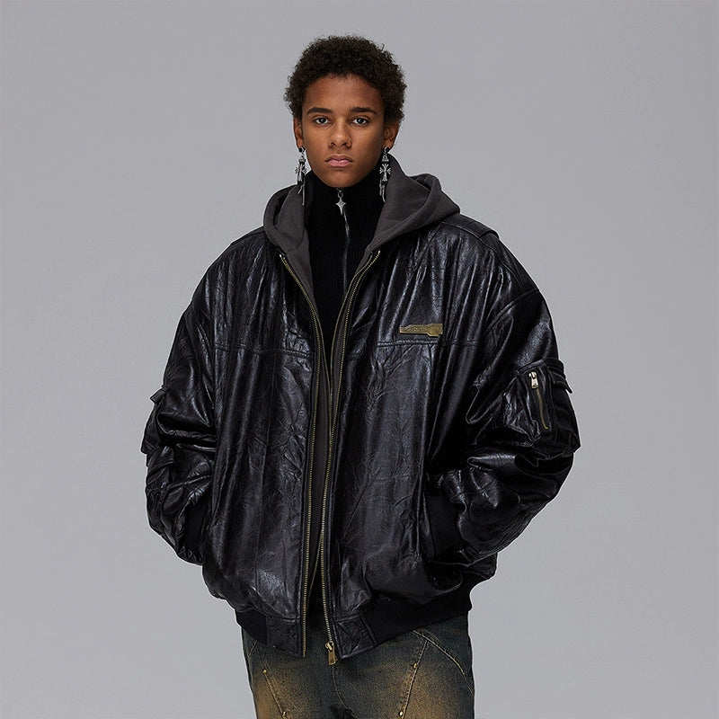 Fake Layered Wrinkle Texture Hooded PU Leather Puffer Jacket WN17882