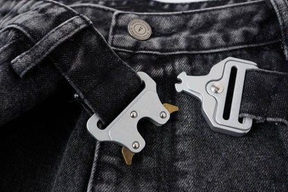 Washed Whisker Metal Buckle Denim Half Pants WN25513