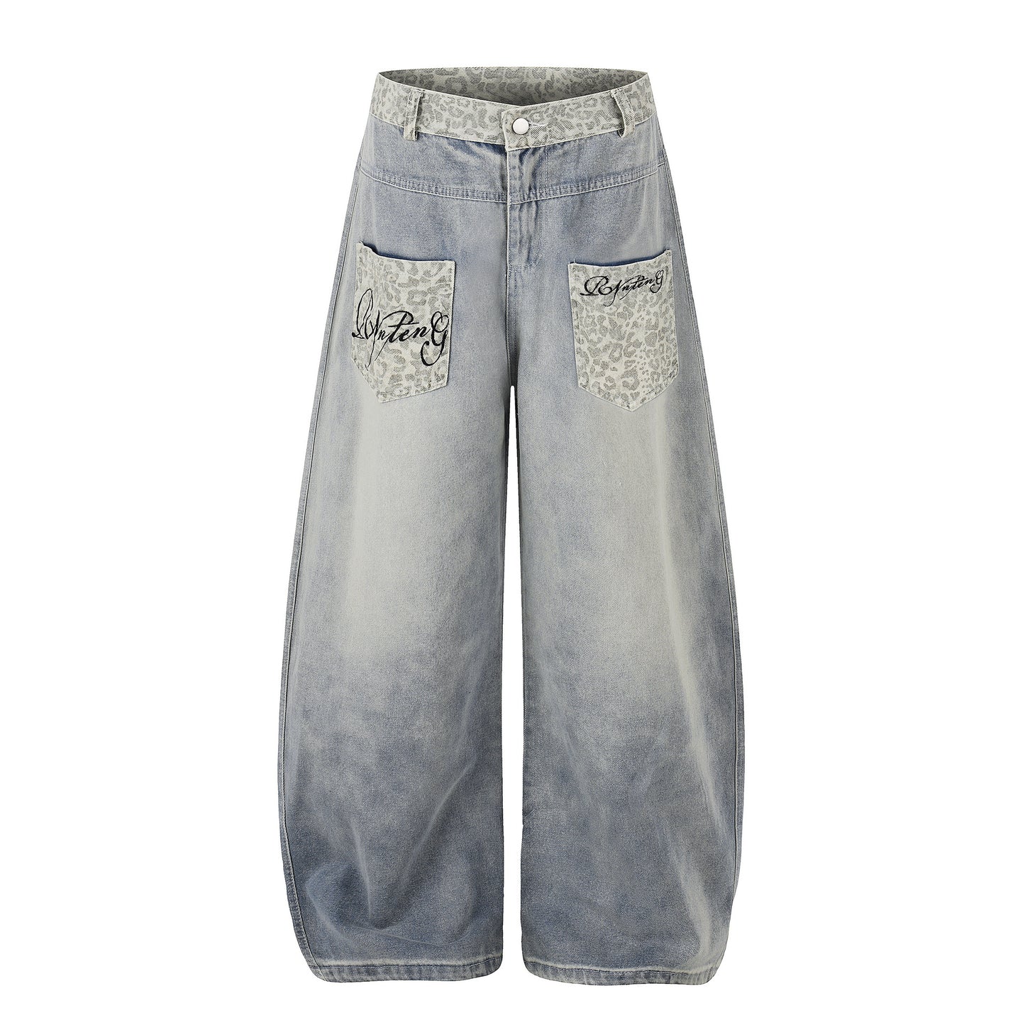 Leopard Print Curved Wide Leg Denim Jeans WN25702