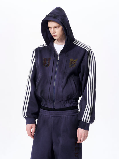 Four Stripe Damage Badge Embroidery Double Layer Hooded Jacket & Sporty Pants Setup WN23269