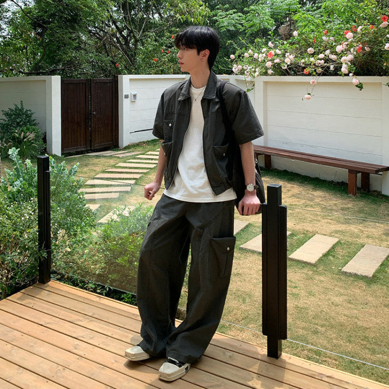Utility Pocket Short Sleeve Jacket & Cargo Wide Leg Pants Setup WN24991