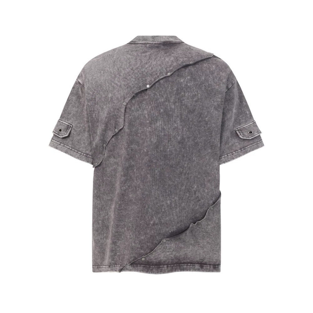 Metal Stud Patchwork Asymmetric Deconstructed Short Sleeve T-Shirt WN27906
