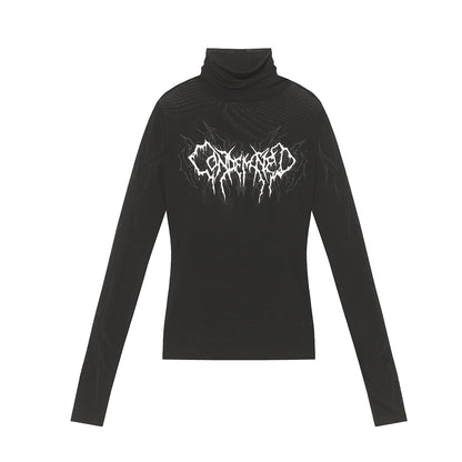 High-Neck Mesh Graphic Print Long Sleeve T-Shirt WN25627