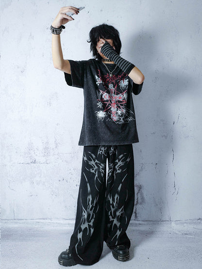 Oversize Print Washed Short Sleeve T-shirt WN15910