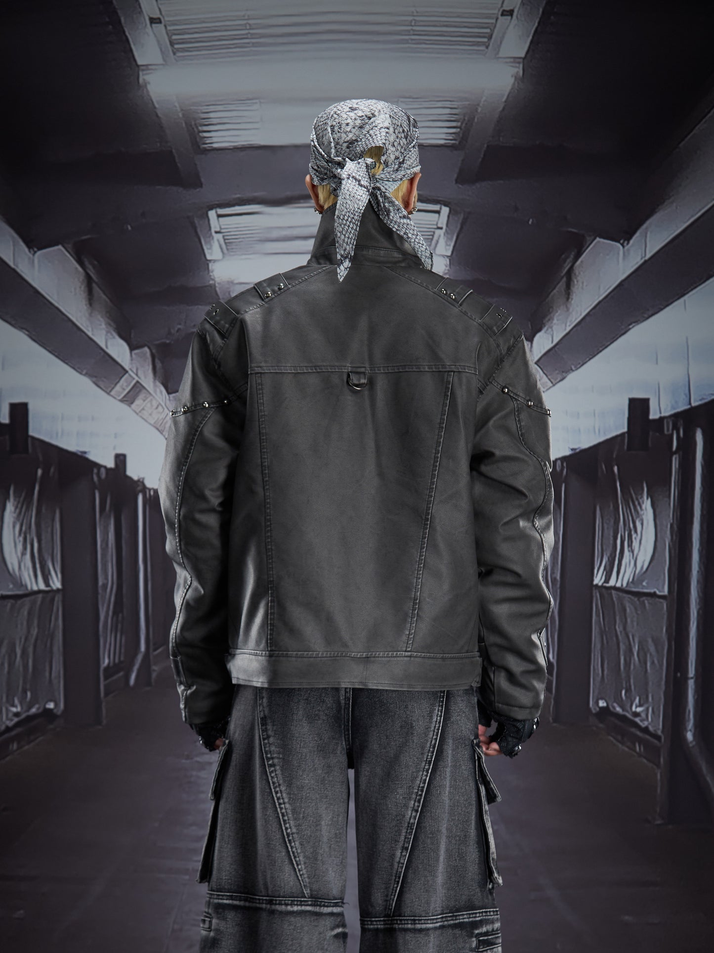 Heavy Deconstruct Patchwork Fitted Short PU Leather Jacket WN22910