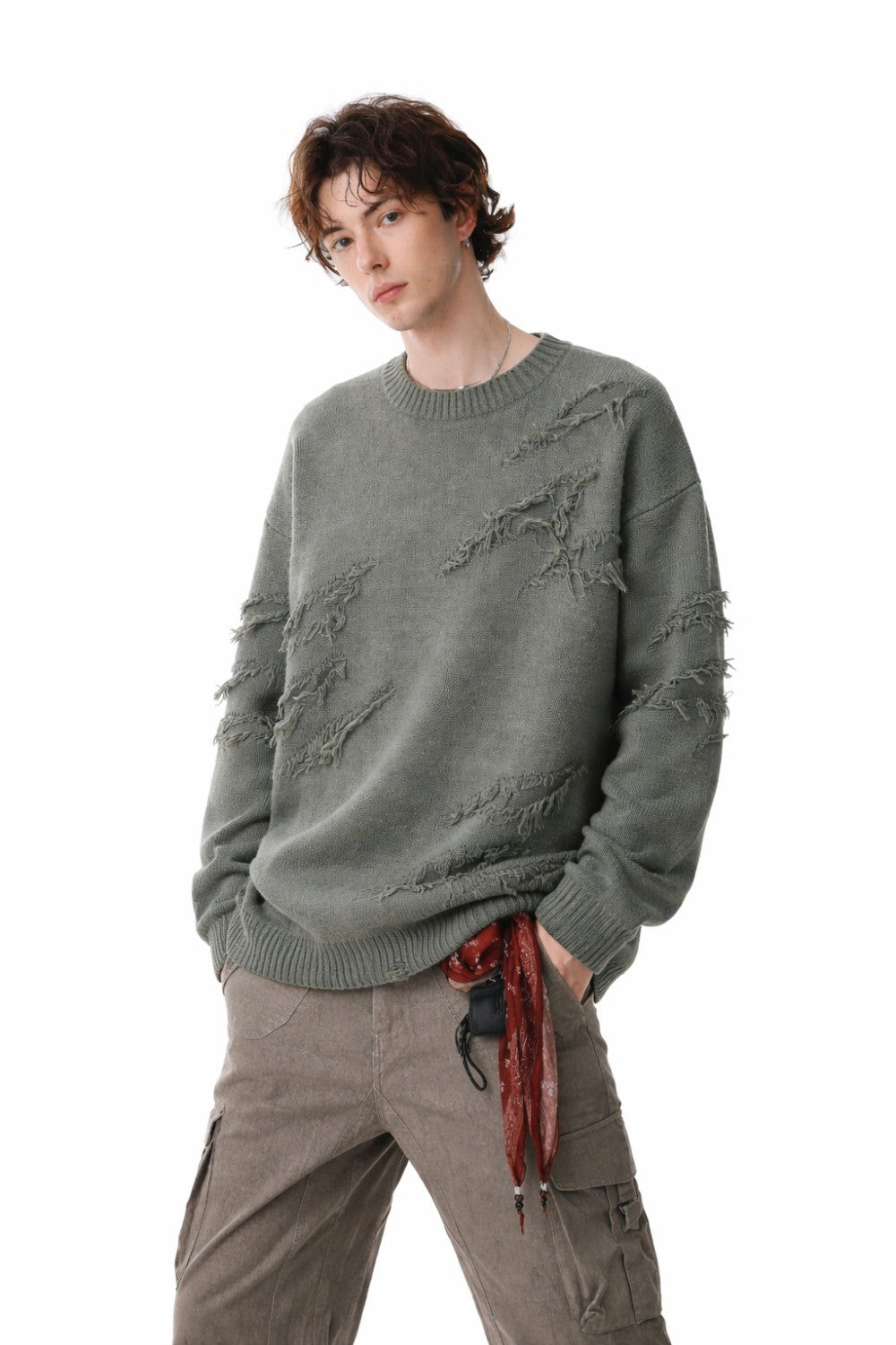 Damage Fringe Split Oversize Knit Sweater WN27952