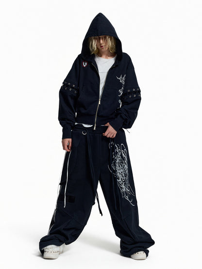 Stud Embroidery Zipper Hoodie & Cargo Wide Leg Pants Setup WN27439