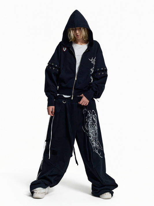 Stud Embroidery Zipper Hoodie & Cargo Wide Leg Pants Setup WN27439