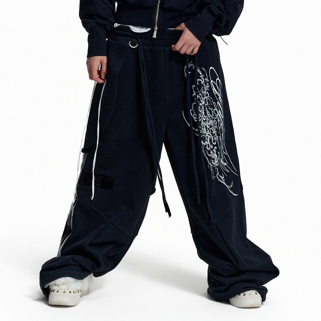 Stud Embroidery Zipper Hoodie & Cargo Wide Leg Pants Setup WN27439