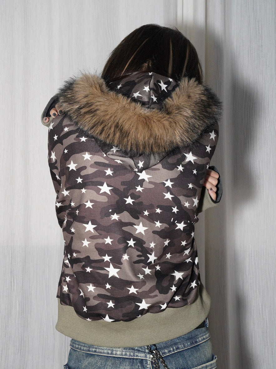 Camouflage Fake Fur-Collar Short Hooded Jacket WN22216