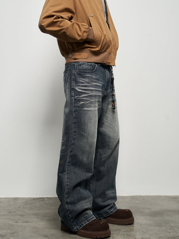 Wash Damage Wide Leg Straight Denim Jeans WN22933