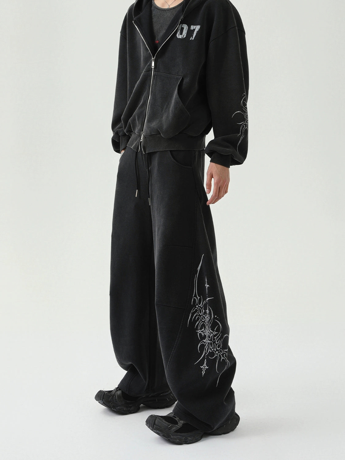 Double Zipper Embroidery Hoodie & Wide Leg Swaetpants Setup WN16285