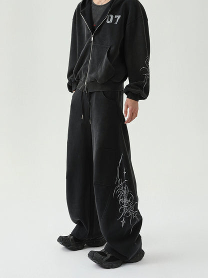 Double Zipper Embroidery Hoodie & Wide Leg Swaetpants Setup WN16285