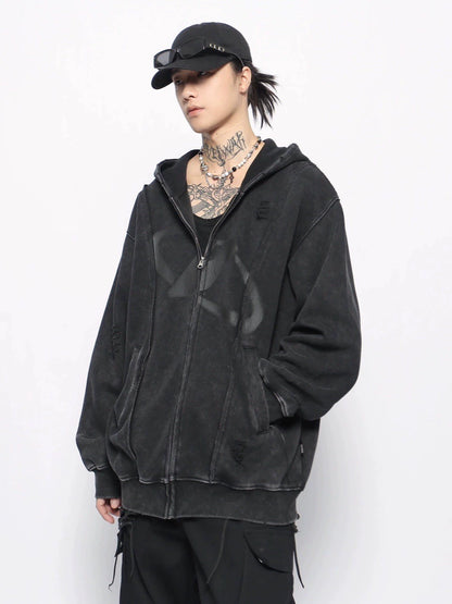 Washed Oversize Damage Zipper Hoodie WN10913