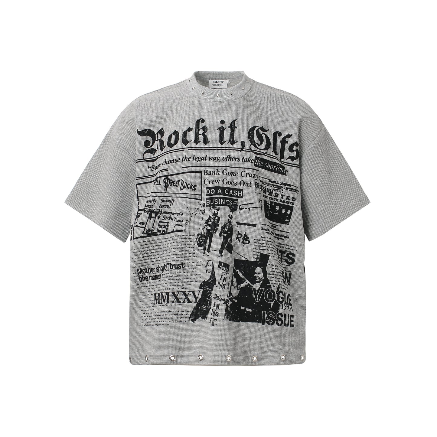 Waffle Newspaper Print Studs Short Sleeve T-Shirt WN25995