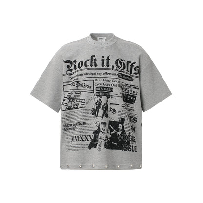 Waffle Newspaper Print Studs Short Sleeve T-Shirt WN25995