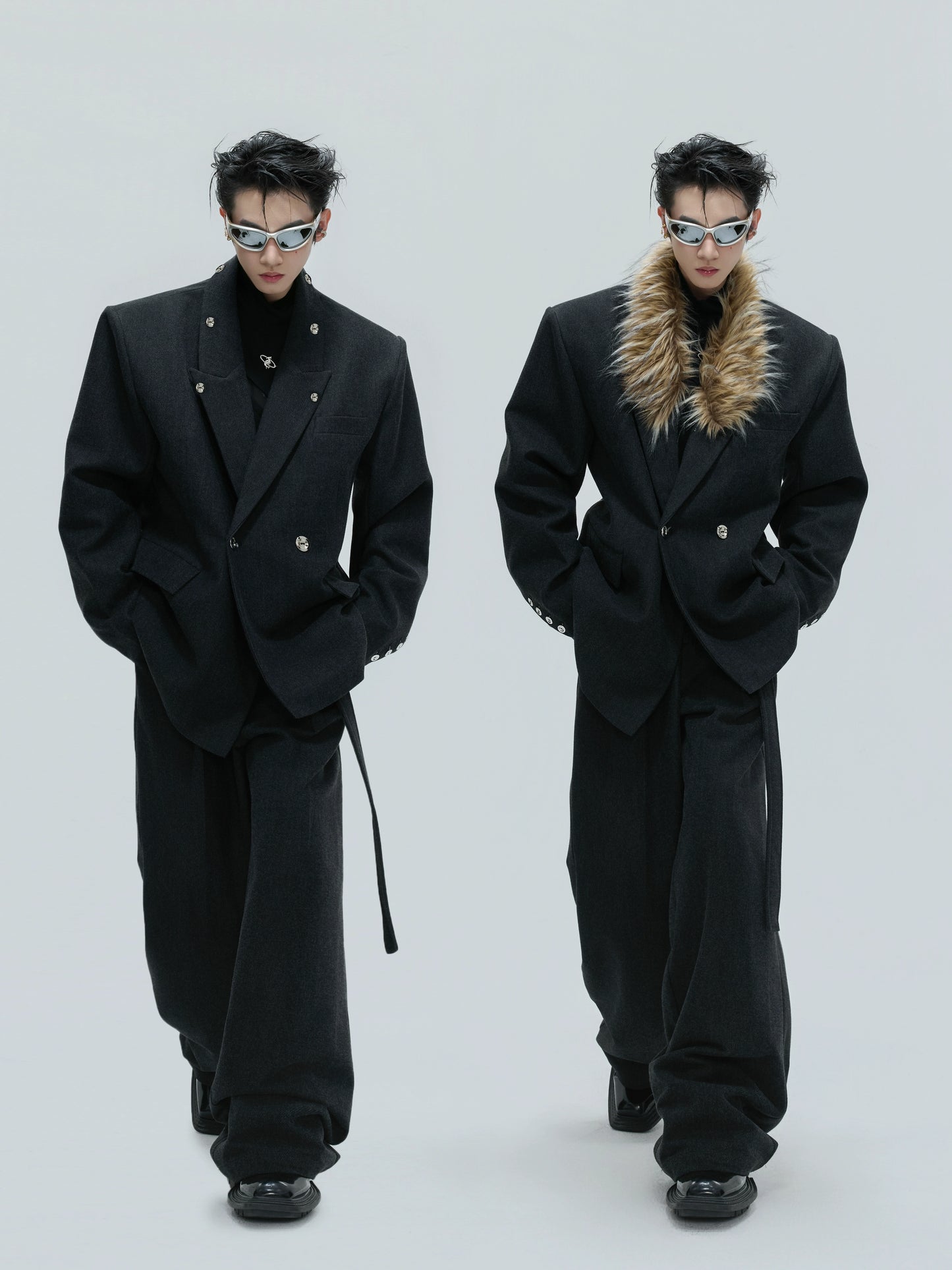 Fur Collar Waist-Fitted Wool Tailored Jacket & Trousers Setup WN21728