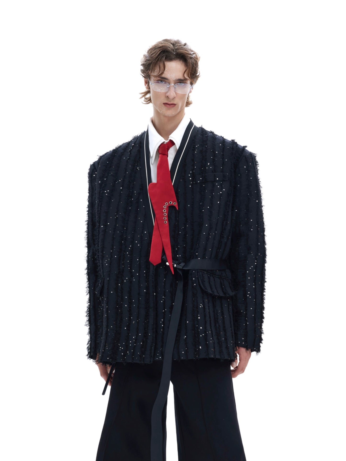 Textured Sequin Fringe Collarless Tailored Jacket WN11609