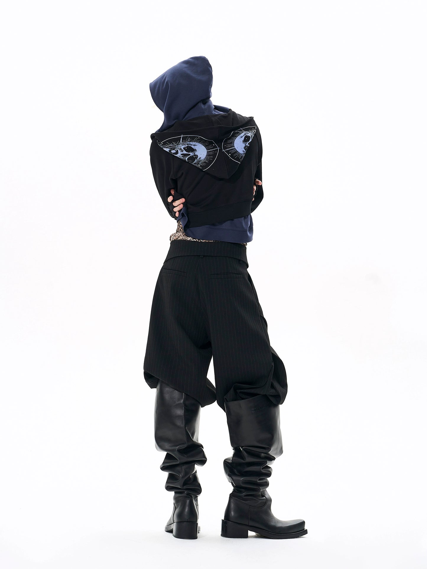 Fake Layered Art Print Rhinestone Zipper Hoodie WN21779