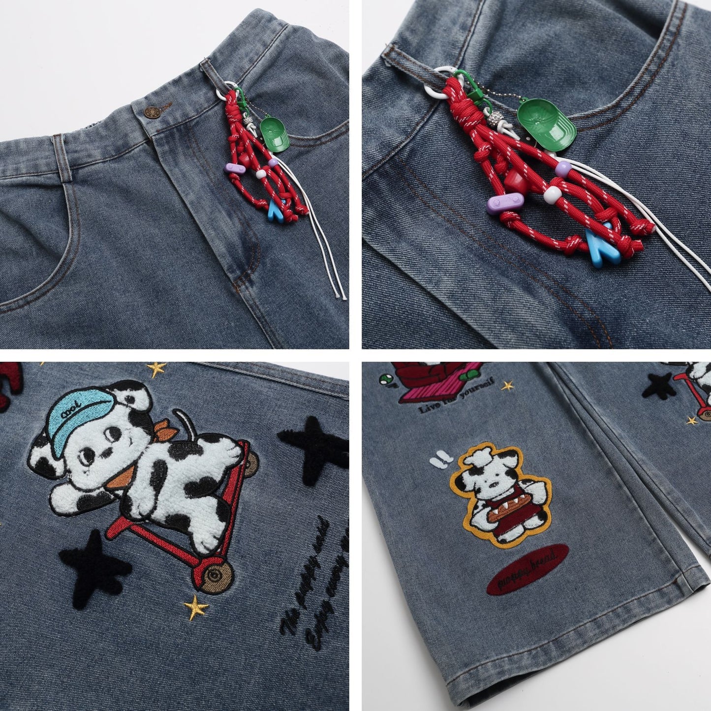 Cartoon Embroidery Wide Leg Denim Jeans WN26946