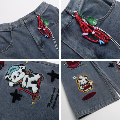 Cartoon Embroidery Wide Leg Denim Jeans WN26946