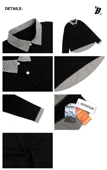 Plaid Collar Fake Layered Boxy Oversize Long Sleeve T-Shirt WN26297
