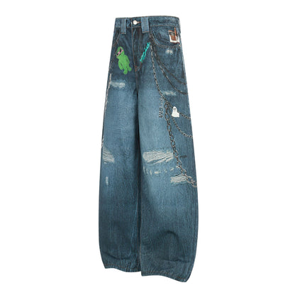 Washed 3D Print Curved Wide Leg Denim Jeans WN25920