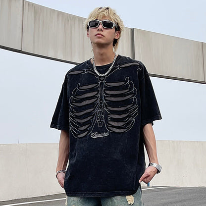 Skeleton Print Washed Oversize Short Sleeve T-Shirt WN24282
