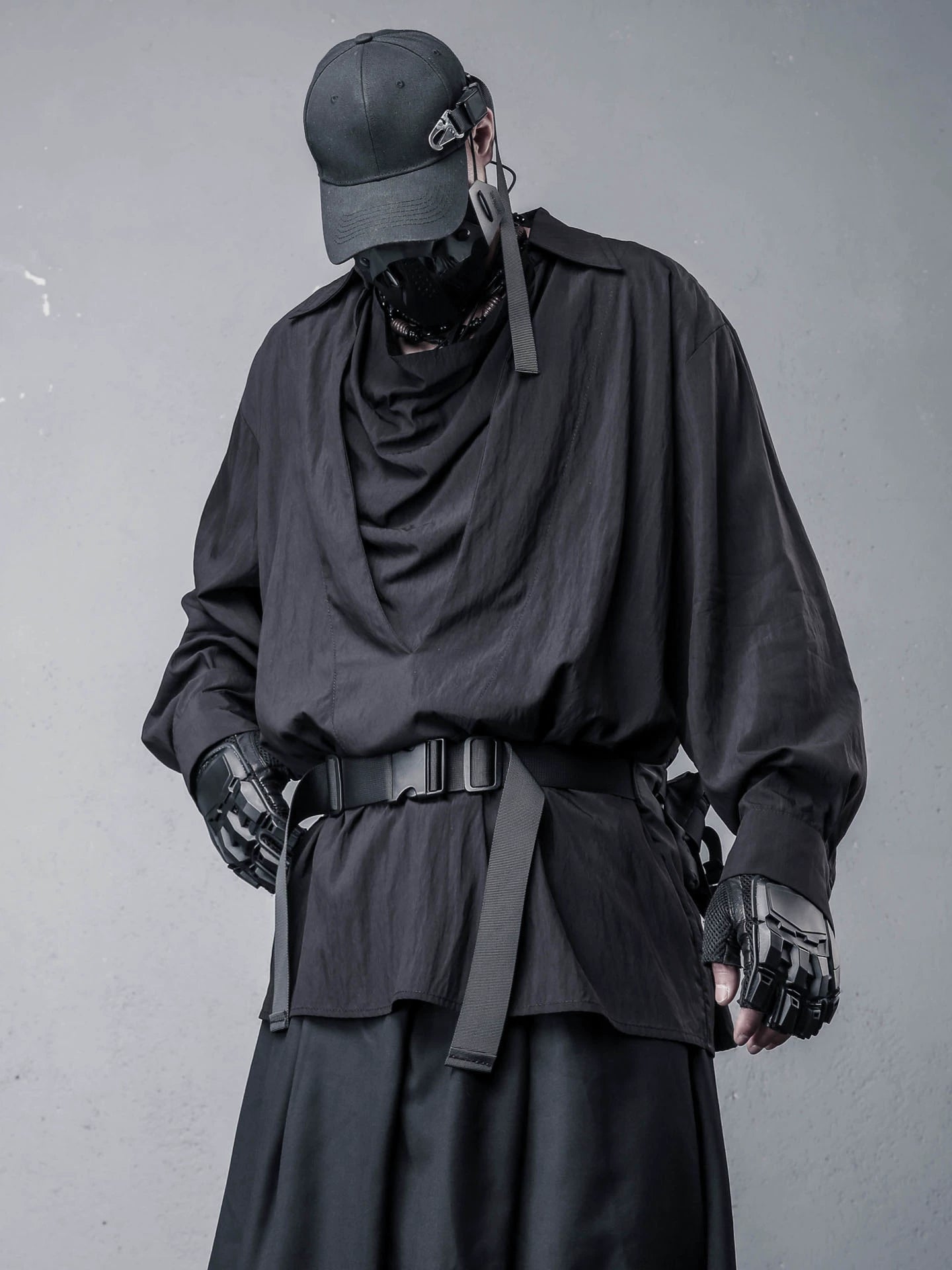 Draped High-Neck Fake Layered Long Sleeve Shirt & Functional Multi-Pocket Waist Bag WN22458