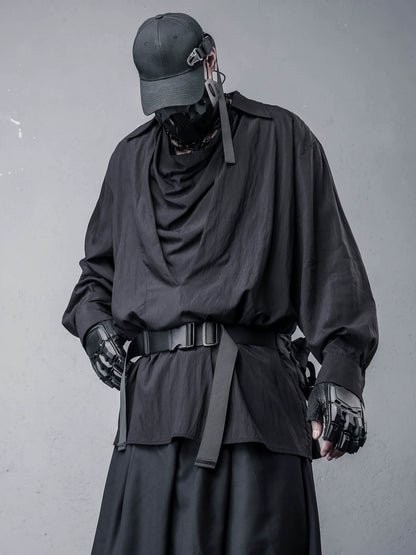 Draped High-Neck Fake Layered Long Sleeve Shirt & Functional Multi-Pocket Waist Bag WN22458