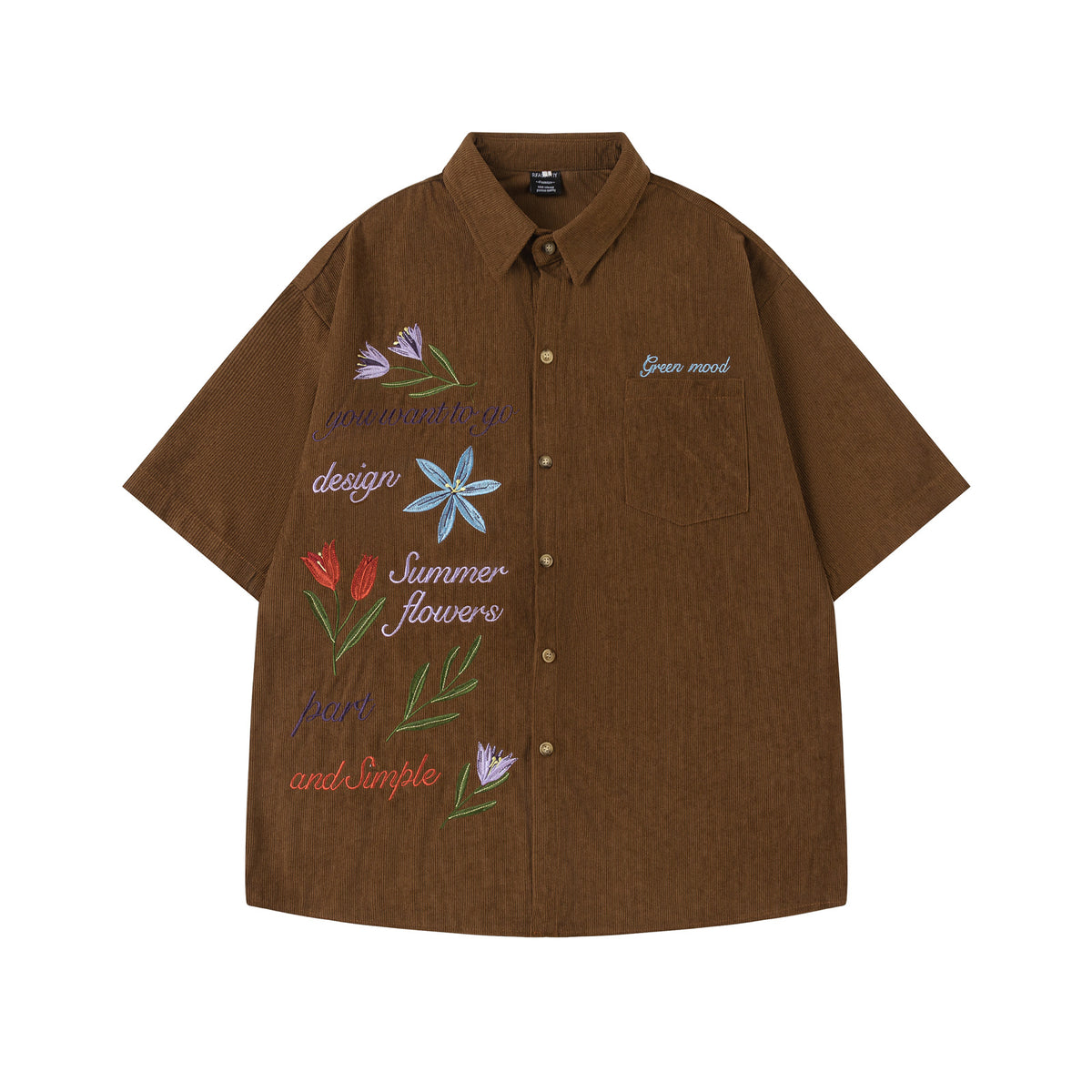 Corduroy Floral Embroidery Short Sleeve Shirt WN26835