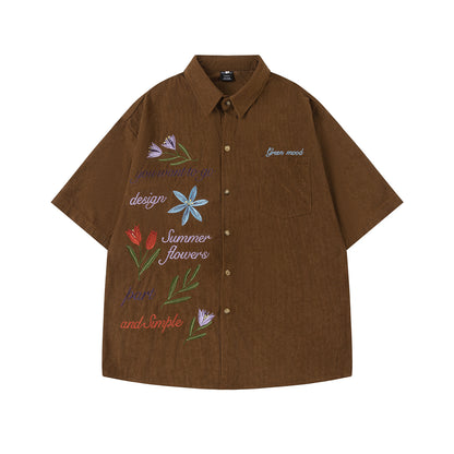 Corduroy Floral Embroidery Short Sleeve Shirt WN26835
