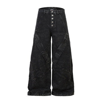 Washed Crinkle Button Fly Wide Leg Denim Jeans WN26144