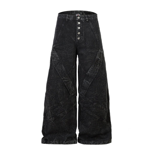 Washed Crinkle Button Fly Wide Leg Denim Jeans WN26144