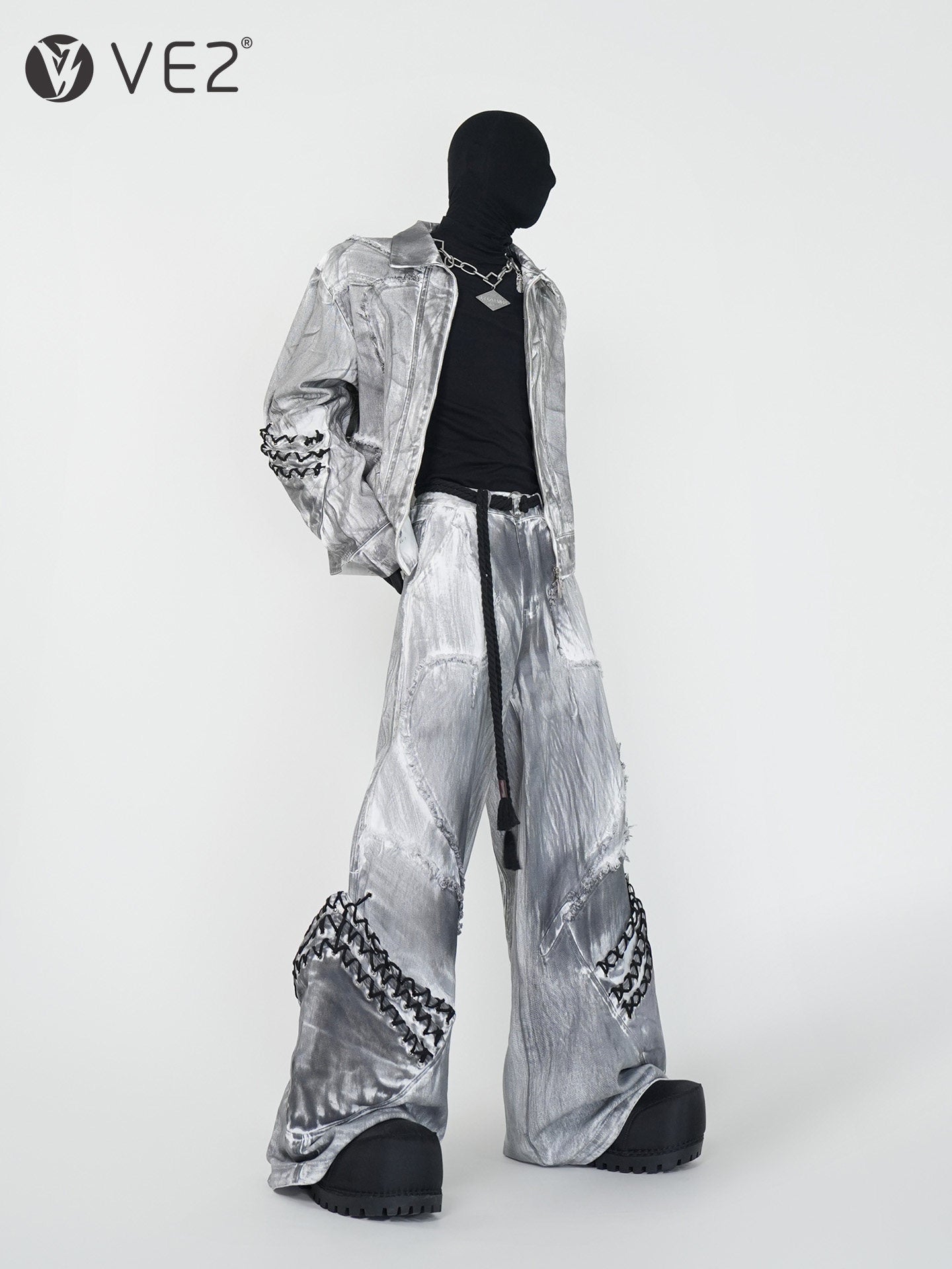 Dirty Washed Damage Shoulder-Pad Jacket & Wide Leg Denim Jeans Setup WN24149