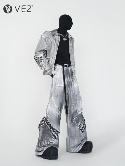 Dirty Washed Damage Shoulder-Pad Jacket & Wide Leg Denim Jeans Setup WN24149