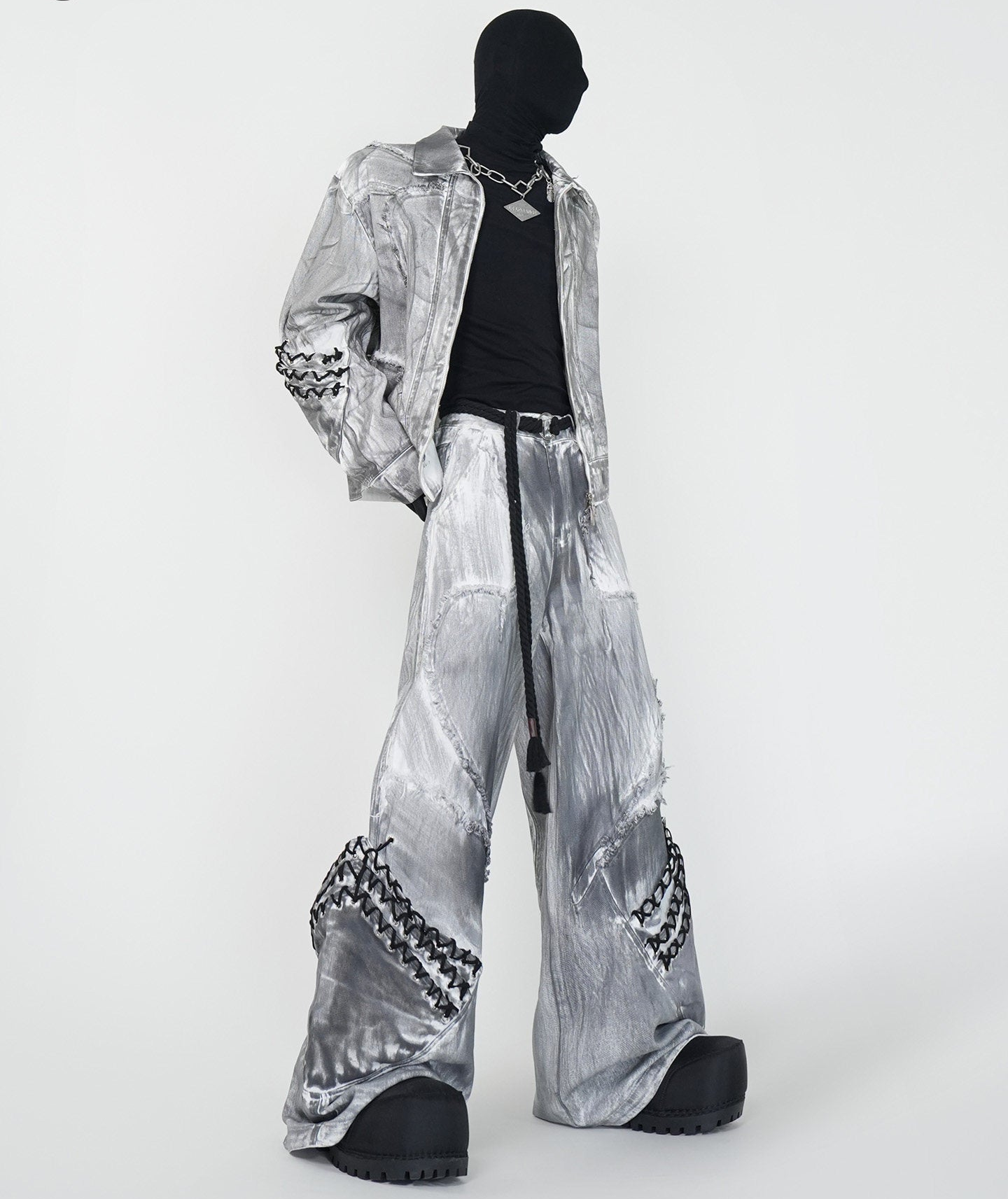 Dirty Washed Damage Shoulder-Pad Jacket & Wide Leg Denim Jeans Setup WN24149