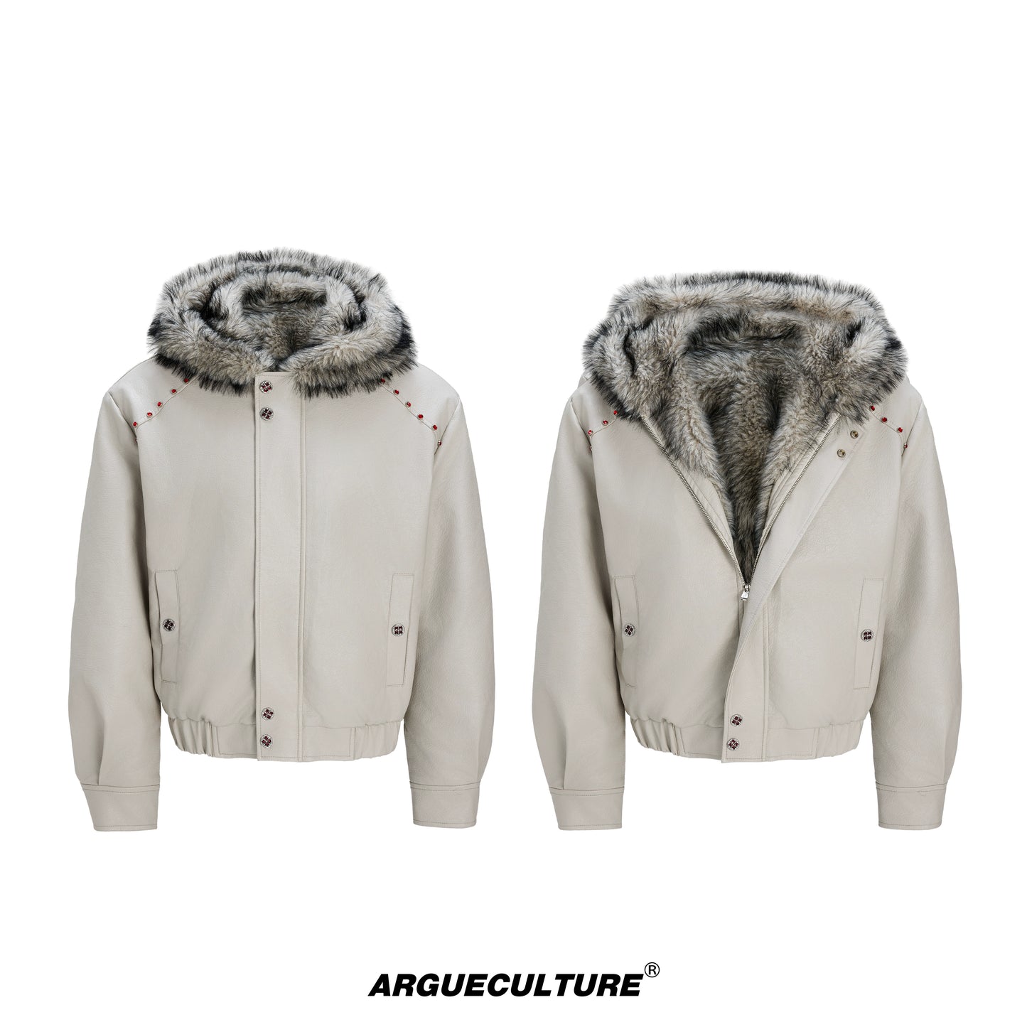 Hooded Fake Fur Collar PU Leather Jacket WN22594