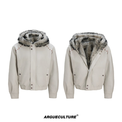 Hooded Fake Fur Collar PU Leather Jacket WN22594