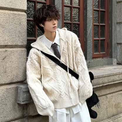 Hooded Cable Knit Oversize Zipper Knit Cardigan WN23152