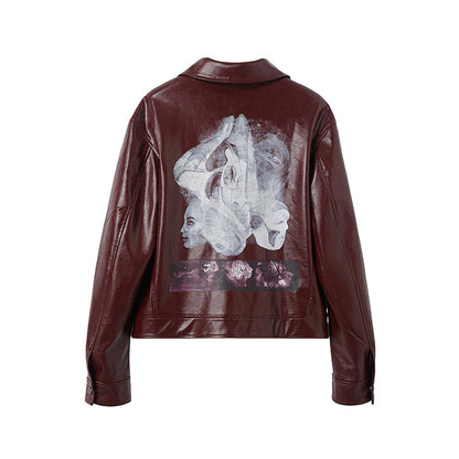 Lapel Print Short PU Leather Jacket WN27107