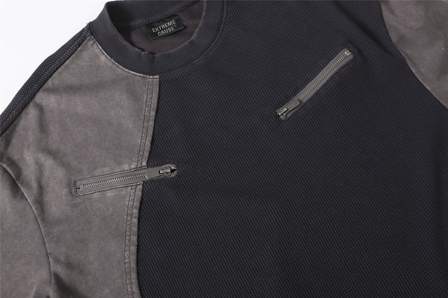 Waffle Panel Zip Design Short Sleeve T-Shirt WN26751