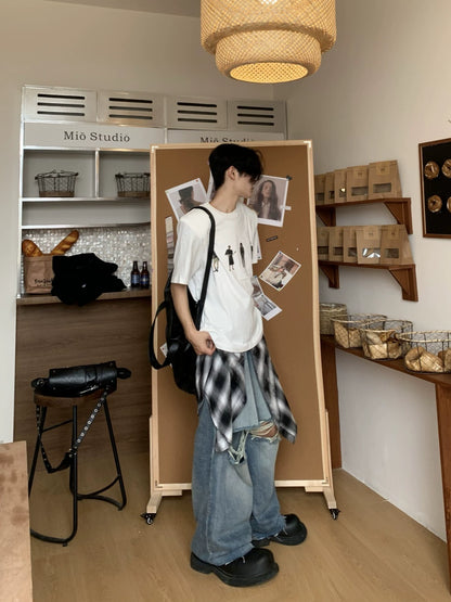 Shoulder-Pad Print Cotton Oversize Short Sleeve T-Shirt WN19834