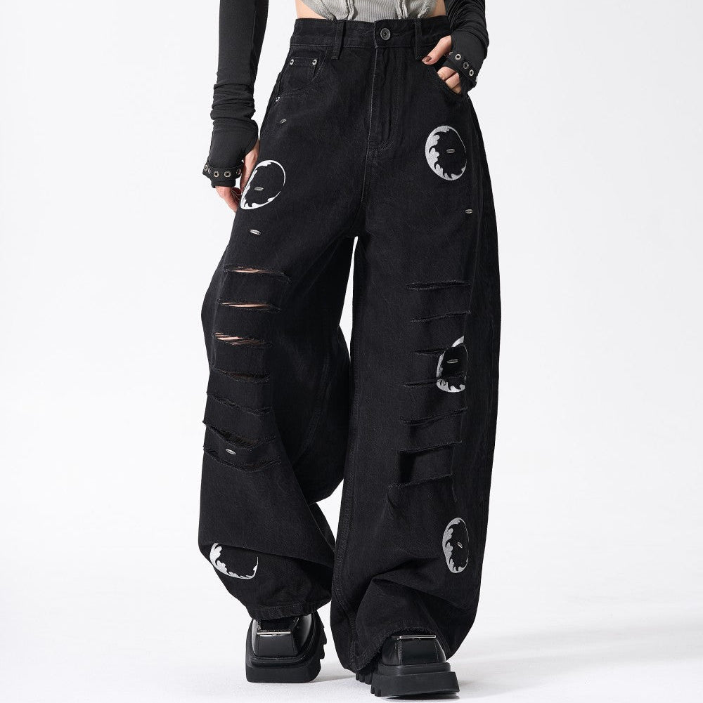 Ripped Circle Print Wide Leg Denim Jeans WN27892